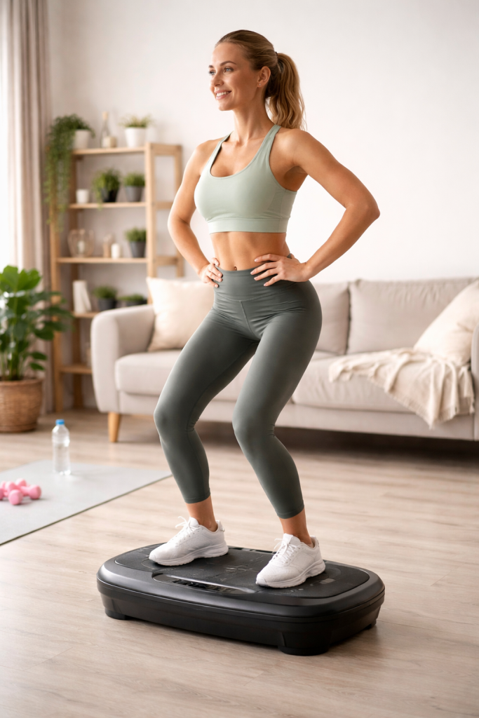 Woman using vibrating plate at home as a part of her wellness routine