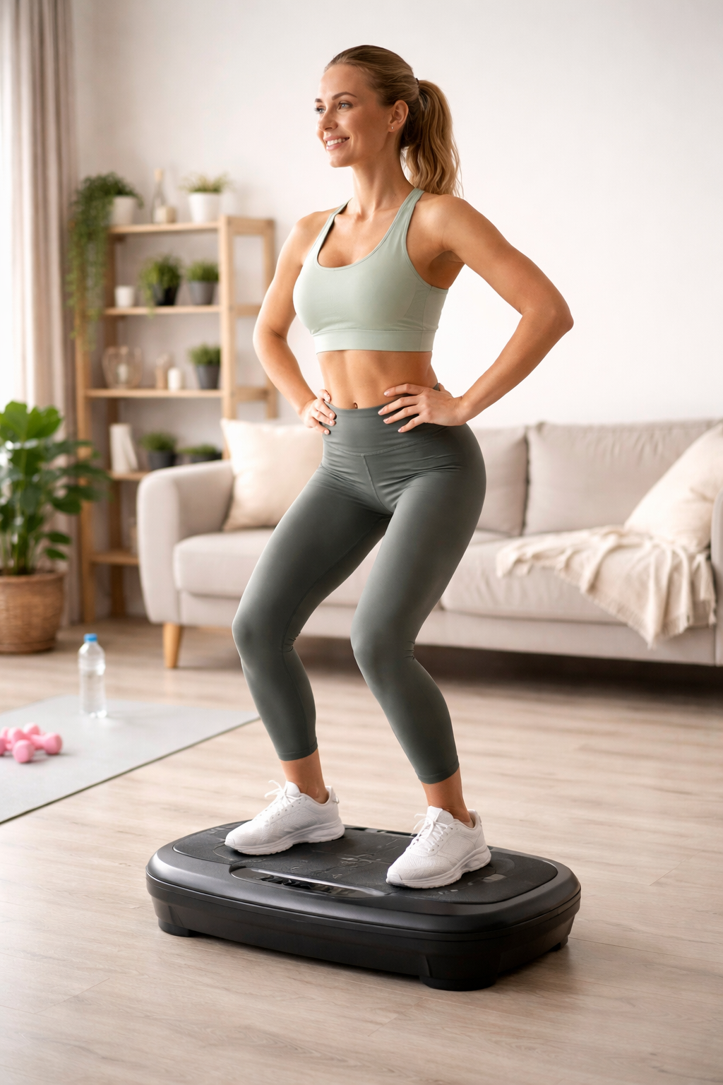 Woman using vibrating plate at home as a part of her wellness routine